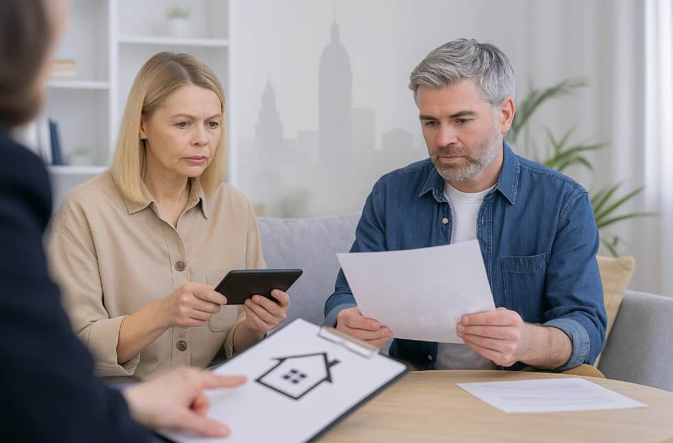 Mediator at table with couple reviewing home documents