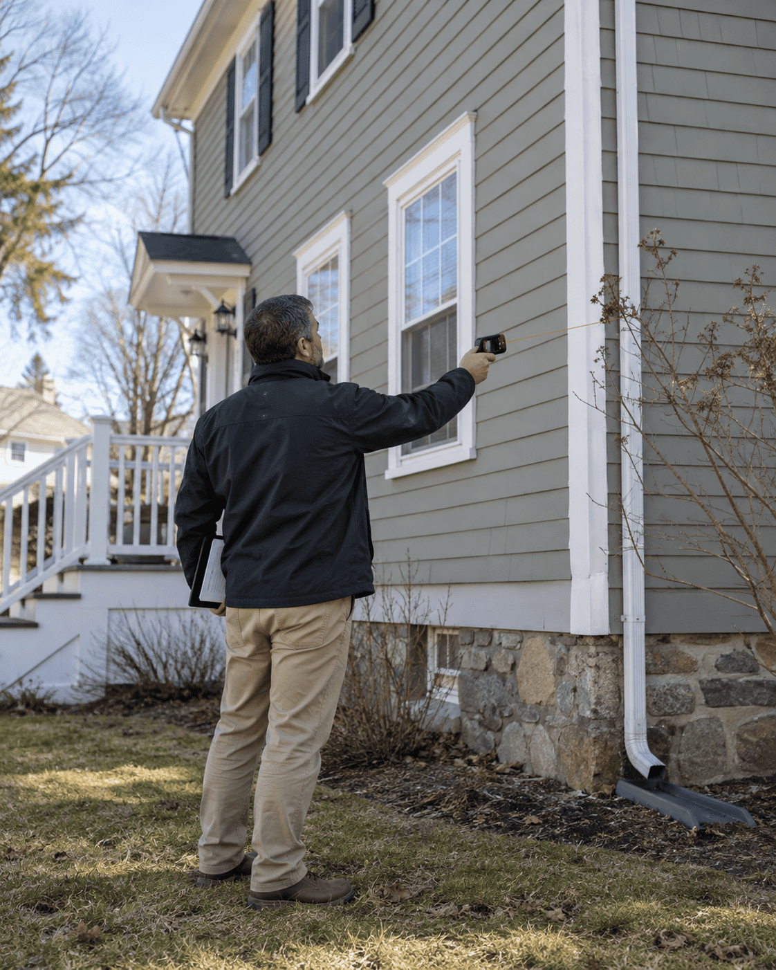 Residential appraiser measuring the exterior of a home using a laser distance measuring device