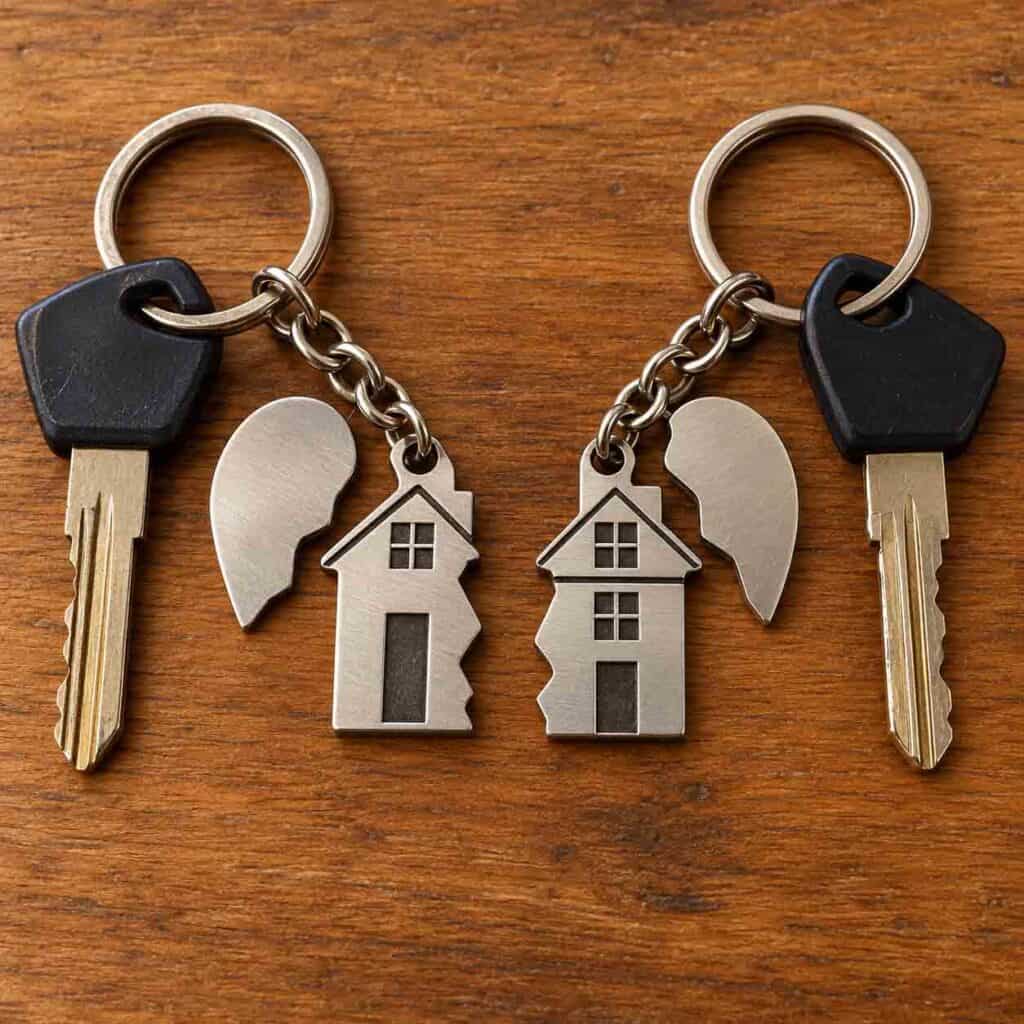 Two house keys and split house keychains representing divorce property division