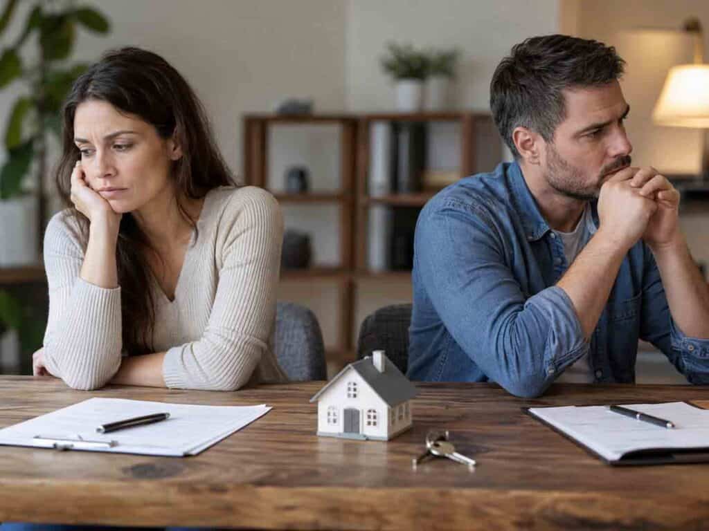 Couple seated apart with house model, keys and documents during property settlement discussion